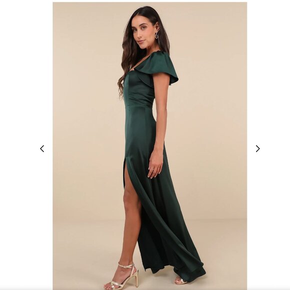 NWT Lulus Ultimate Sweetness Emerald Green Satin Flutter Sleeve Maxi Dress - Picture 4 of 5